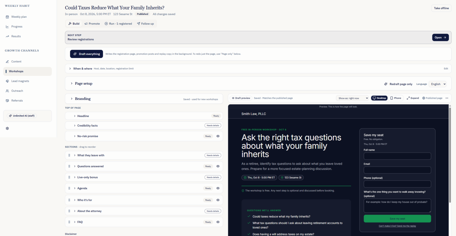 Laura Cowan case study platform: the WorkshopReady workshop builder and registration page preview